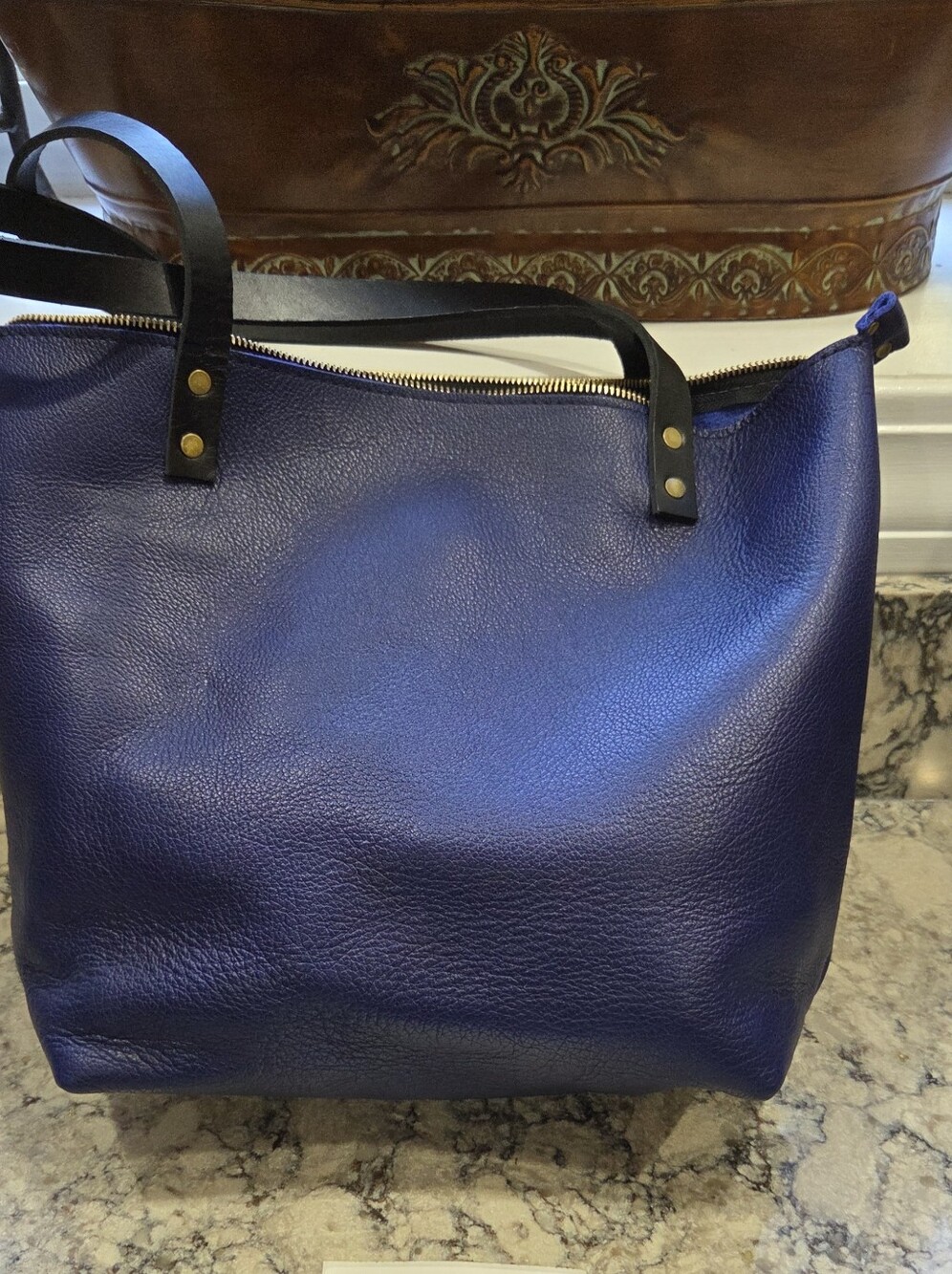 Portland Leather Cobalt Tote with Black Straps - Picture 2 of 5